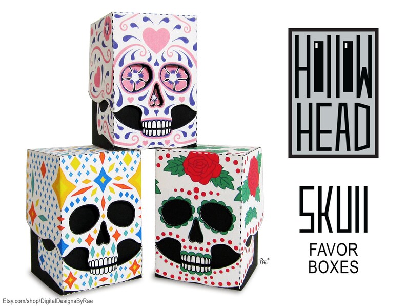 3 Shades of Green Skull Hollow Head Mini Favor Boxes printable Halloween treats