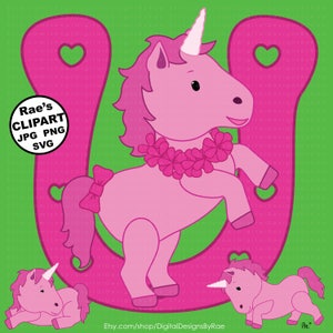 Puede incluir: Clipart de unicornio rosa con una herradura rosa y dos unicornios rosas m&aacute;s peque&ntilde;os. El unicornio m&aacute;s grande tiene un collar de flores rosas alrededor del cuello y un lazo rosa en la cola.
