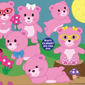 Op de afbeelding: Vijf roze cartoonberen met verschillende accessoires. E&eacute;n beer draagt een bril, een ander heeft een strik, een ander heeft een strik en een bril, een ander zit op een boomstronk en de laatste ligt op zijn buik. De beren bevinden zich op een groene achtergrond met bloemen en een maan.