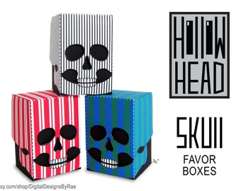 3 Striped Skull Hollow Head Mini Favor Boxes printable Halloween treats