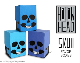 3 Shades of Blue Skull Hollow Head Mini Favor Boxes printable Halloween treats