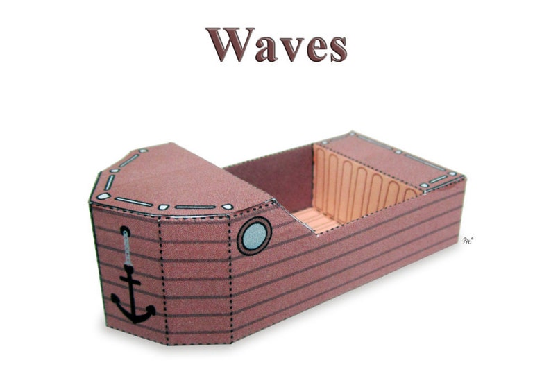 May include: A brown paper model of a boat with a white anchor and a blue porthole. The model is labeled "Waves".
