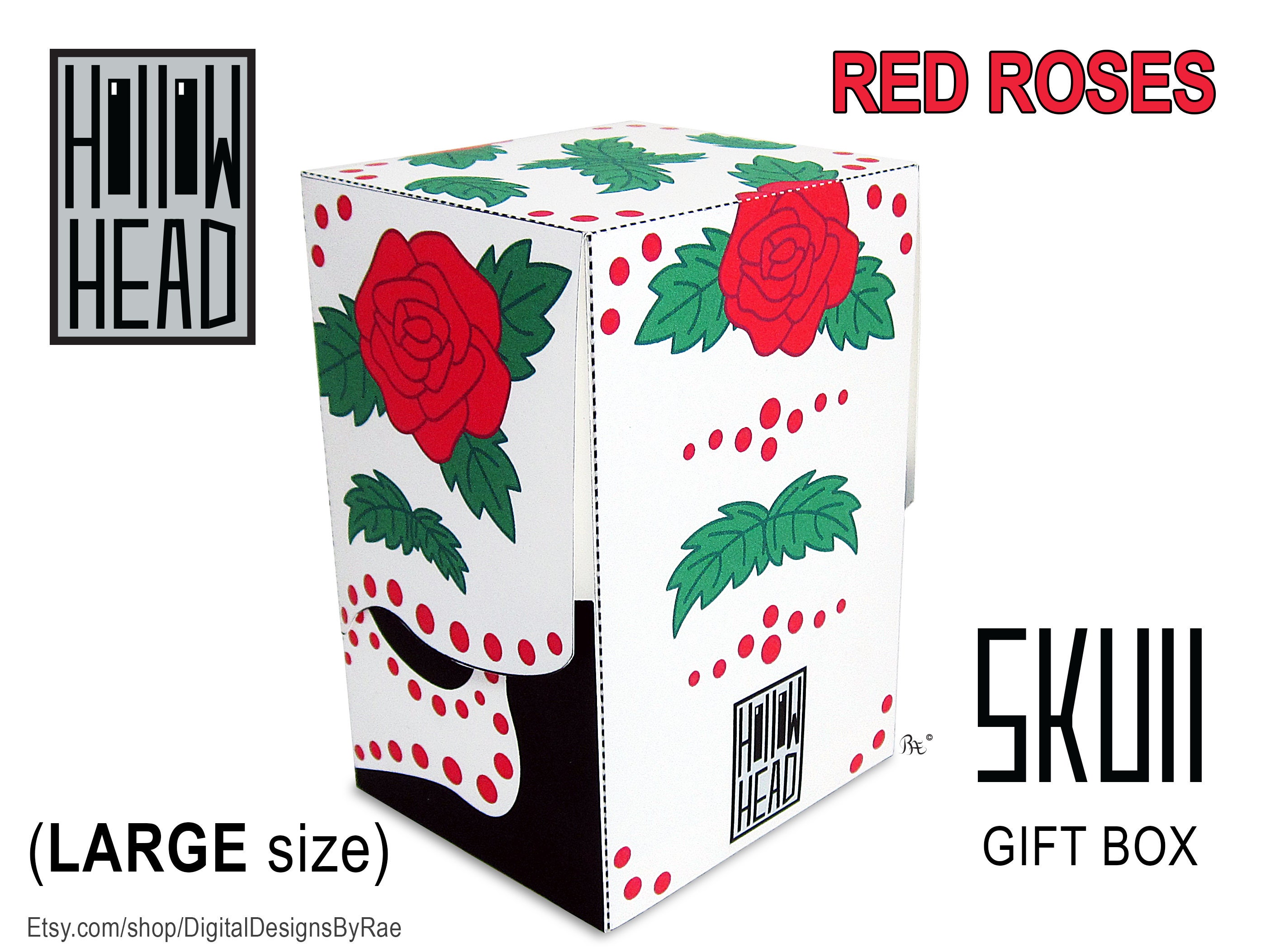 Skull Box With Roses Hollow Head Sugar Skull Red Roses Large Printable Gift Box - Etsy