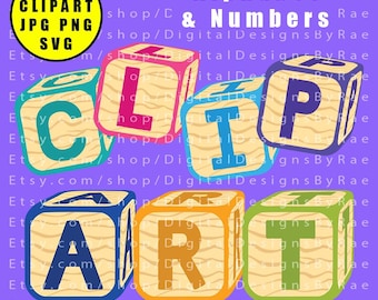 アルファベットと数字のブロックのクリップアート（PNG、JPG、SVG形式、300 dpi）で、数学記号も含め、さまざまな色で提供されています。