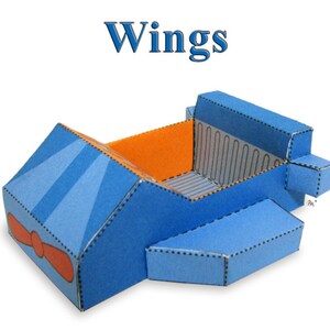 May include: A blue and orange paper airplane model with the word "Wings" printed above it. The model has a bow tie on the front and is folded into a three-dimensional shape.