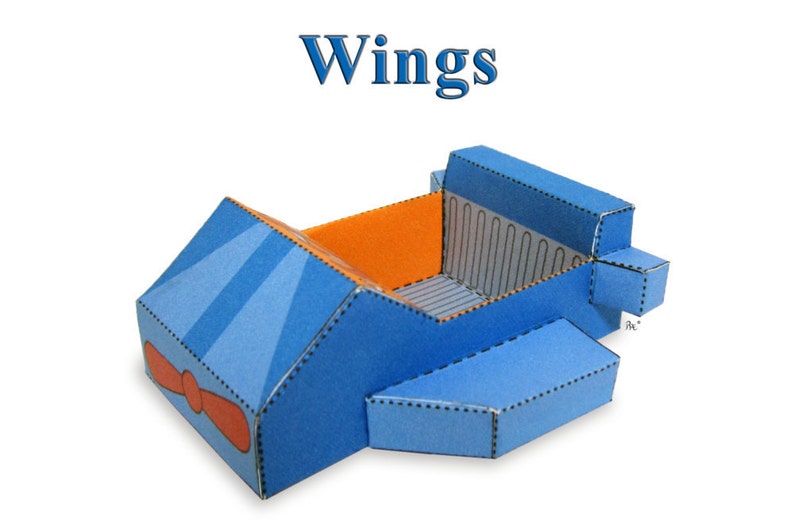 May include: A blue and orange paper airplane model with the word "Wings" printed above it. The model has a bow tie on the front and is folded into a three-dimensional shape.