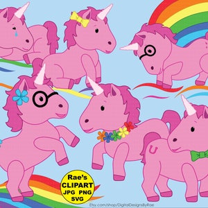 Puede incluir: Cinco ilustraciones de unicornios rosas con diferentes accesorios. Los unicornios est&aacute;n sobre un fondo de arco&iacute;ris con nubes azules. El texto "Rae's CLIPART JPG PNG SVG" est&aacute; en la parte inferior de la imagen.