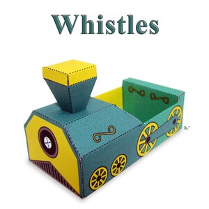May include: A papercraft model of a train engine with a yellow and green color scheme. The engine has a whistle on top and wheels on the bottom. The title "Whistles" is printed above the engine.
