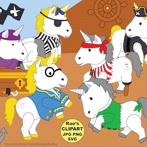 May include: Five white unicorn pirate characters with different coloured clothing and accessories. The unicorns are wearing pirate hats, bandanas, eye patches, and a blue jacket. The unicorns are standing on a brown background with a treasure chest, an anchor, and a ship's wheel.