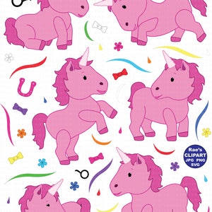 Puede incluir: Cinco ilustraciones de unicornios rosas con un cuerno blanco y una crin rosa. Los unicornios est&aacute;n en diferentes poses, incluyendo de pie, sentados y corriendo. El fondo es blanco con remolinos coloridos, lazos y flores.