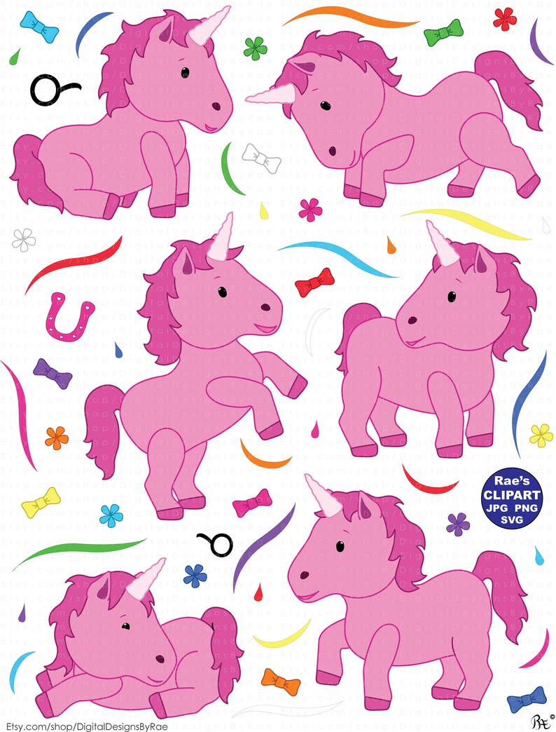 Puede incluir: Cinco ilustraciones de unicornios rosas con un cuerno blanco y una crin rosa. Los unicornios est&aacute;n en diferentes poses, incluyendo de pie, sentados y corriendo. El fondo es blanco con remolinos coloridos, lazos y flores.