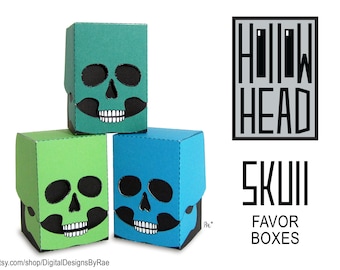 3 Shades of Green Skull Hollow Head Mini Favor Boxes printable Halloween treats
