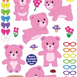 Op de afbeelding: Roze beren clipart set met verschillende poses, waaronder zittend, staand en liggend. De set bevat ook een paddenstoel, een lieveheersbeestje, een maan, bloemen, strikjes en brillen in verschillende kleuren.