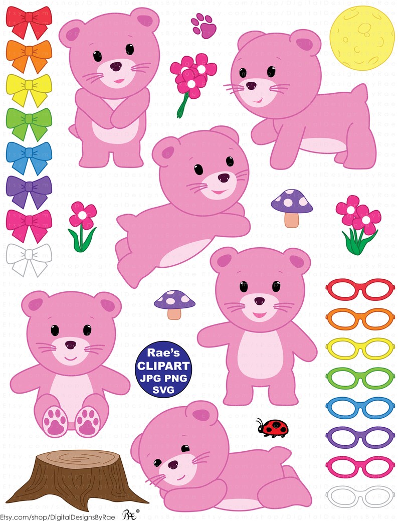 Op de afbeelding: Roze beren clipart set met verschillende poses, waaronder zittend, staand en liggend. De set bevat ook een paddenstoel, een lieveheersbeestje, een maan, bloemen, strikjes en brillen in verschillende kleuren.
