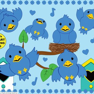Pode incluir: Clip art de cinco pássaros azuis com bicos e pés amarelos. Os pássaros estão em várias poses, incluindo voar, sentar-se em um galho e sentar-se em um ninho. Há também duas casas para pássaros, uma verde e uma amarela, com corações nas portas. O fundo é um céu azul claro com nuvens brancas.