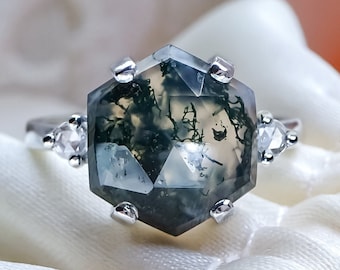 Natural Hexagon Moss Agate Diamond Engagement ring in solid 9ct White Gold