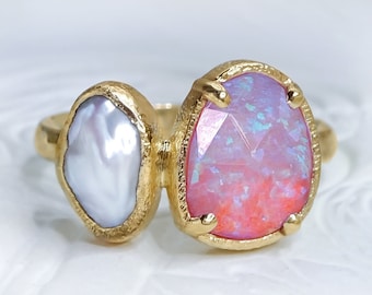 Toi et Moi Gorgeous Opal and Keshi Pearl Engagement ring in solid 9ct or 18ct Yellow Gold