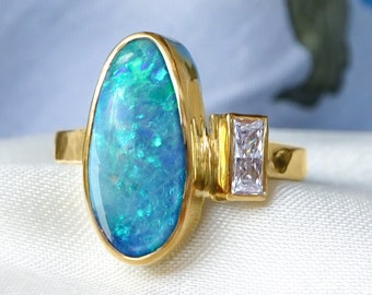 Natural Australian Opal & Baguette Diamond ring in 22ct / 18ct Gold