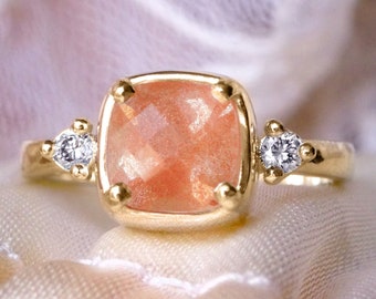 Oregon Sunstone & Diamonds Engagement Ring in 9ct/18ct Yellow or Rose Gold.