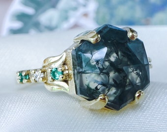 Natural Hexagon Moss Agate with Emeralds & Diamonds Leaves design Unique Engagement ring in 9ct / 18ct Gold