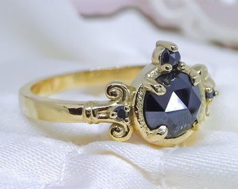 Medieval style natural Black Diamonds Engagement Ring in 9ct Yellow Gold