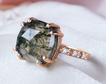 Ethereal Natural Moss Agate & Pave set Diamonds Unique Engagement ring in solid 9ct or 18ct Gold