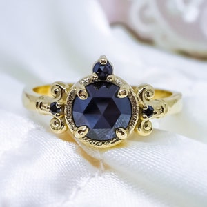 Medieval Art style natural Black Diamonds Engagement Ring in 9ct or 18ct Gold