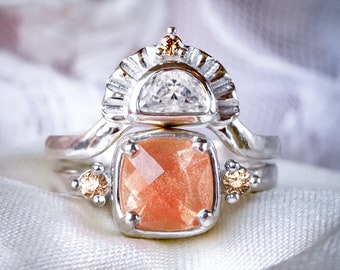 Sunrise Oregon Sunstone Diamond Bridal Ring set in 9ct/18ct White Gold or Sterling Silver