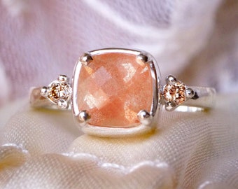 Oregon Sunstone & Diamonds Engagement Ring in 9ct/18ct White Gold or Sterling Silver