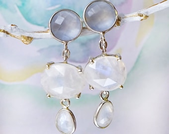 Luminous Moonstone & Blue Chalcedony Dangle Stud Earrings in Sterling Silver