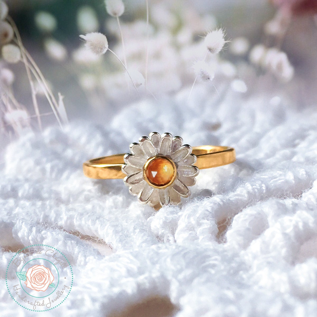 Natural Citrine Daisy Flower Engagement Or Dress Ring in Solid 9Ct Gold & 925 Silver