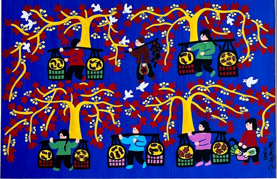 中国　工芸品　C hinese traditiona l arts Rare Original Chinese Folk Art Colorful Gouache Painting Called