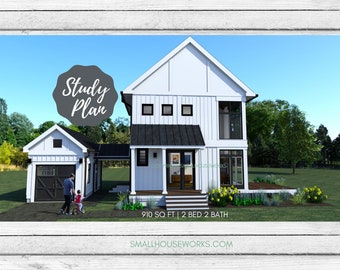 Study Plan for The Modern Farmhouse with Garage- Small house plan with Garage & Breezeway, 910 SQ FT.