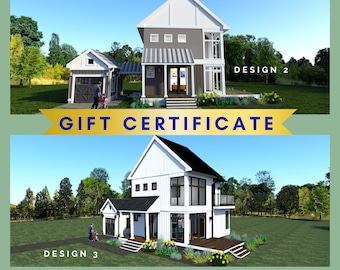 Gift Certificate-Modern Farmhouse Plan with Garage, Great gift idea for newlyweds, retirees, empty nesters, etc. Perfect Small Starter Home!