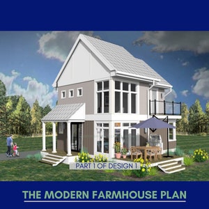The Modern Farmhouse Plan Part 1 of Design 1.  3d rendering showing front elevation and side deck elevation