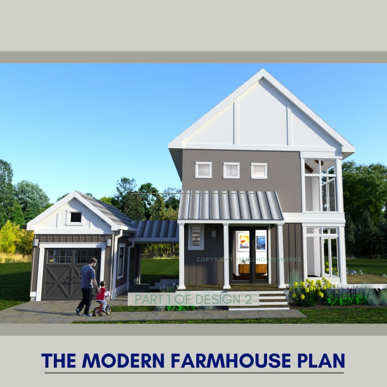Modern Farmhouse Plan with Garage, Part 1 of Design 2, 2 bedrooms 2 bathrooms, 910 sq ft image 1