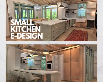 E-Interior Design for a Small Kitchen. Makeover Includes elevations, floor plan, design boards, click-to-buy shopping list, renderings.