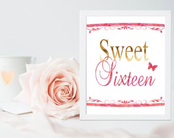 Sweet Sixteen Print Instant Download Print Teen Room Decor Butterfly Printable Wall Art Digital Print
