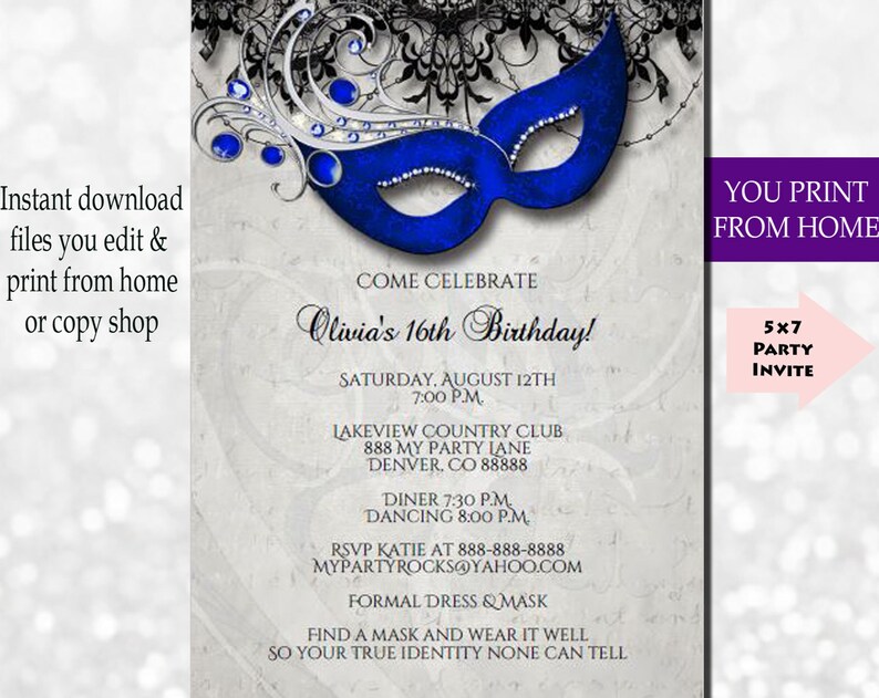 Masquerade Invitation Masquerade Party Invitation Masquerade Instant Download Invitation Masquerade Ball Invitation Blue You