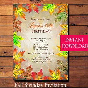 Fall Birthday Invitation, Rustic Birthday Invitation, Fall 30th Birthday Invitation, Fall Leaves, Autumn, Invite, Edit With Adobe Reader DIY image 4
