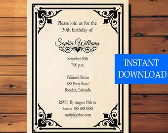 Printable Adult Birthday Invitation Template - Retro - Vintage - Instant Download - Editable PDF - Birthday - Adult Birthday -