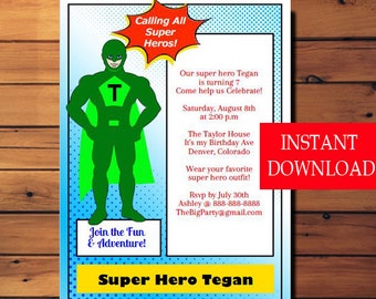 Super Hero Party Invitation Kids Super Hero Birthday Invitation INSTANT DOWNLOAD edit with Adobe Reader DIY