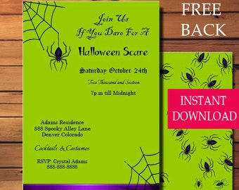 Halloween Party Invitation Spooky Spider INSTANT DOWNLOAD Edit with Adobe Reader DIY