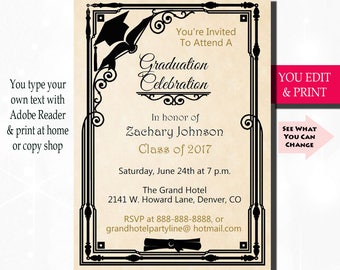 Graduation Invitation, Graduation Party Invitation, Grad Party Invitation, Printable Graduation Invitation, Edit Yourself Instant Download