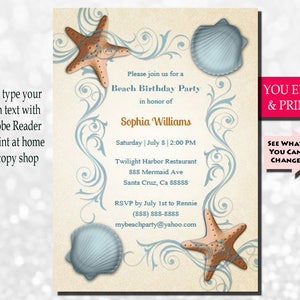 Beach Birthday Invitation, Beach Invitation, Beach Birthday Party Invitation, Tropical Birthday Invitation, Starfish Invite, You Edit PDF image 1