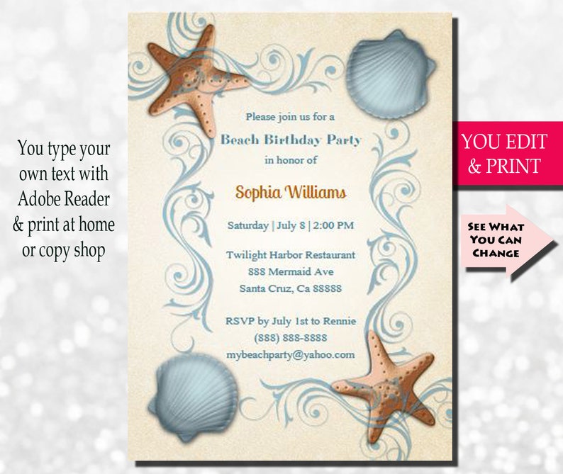 Beach Birthday Invitation, Beach Invitation, Beach Birthday Party Invitation, Tropical Birthday Invitation, Starfish Invite, You Edit PDF image 1