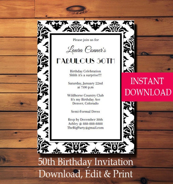 50th Birthday Invitation Damask-Adult Birthday-Surprise Birthday-Women Birthday-Instant Download-Editable PDF-Printable-DIY-Fabulous Fifty Il_570xn