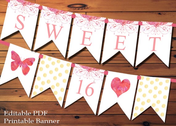 Sweet 16 Banner Sweet Sixteen Banner Watercolor Flowers Pink And Gold Banner Party Decoration Party Banner Sweet 16 Sign Il_570xn