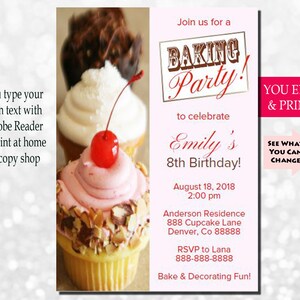 Baking Party Invitation, Baking Birthday Invitation, Cupcake Party Invite, Baking Invitation, Cupcake Invite, You Edit PDF image 1