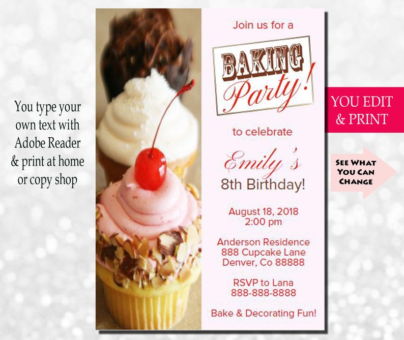 Baking Party Invitation, Baking Birthday Invitation, Cupcake Party Invite, Baking Invitation, Cupcake Invite, You Edit PDF image 1